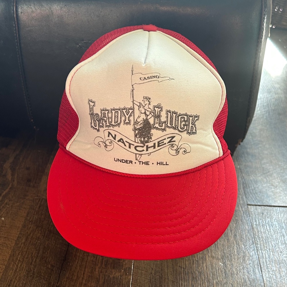 Vintage Lady Luck Natchez Casino Under the‎ Hill Trucker Hat Red White Snapback